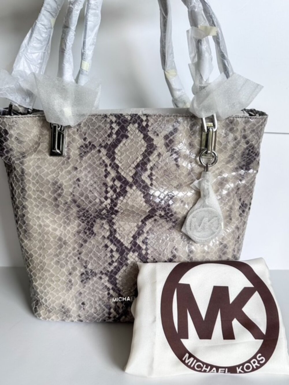 Michael Kors Brooke Python Embossed Pearl Gray Leather Tote | NWT